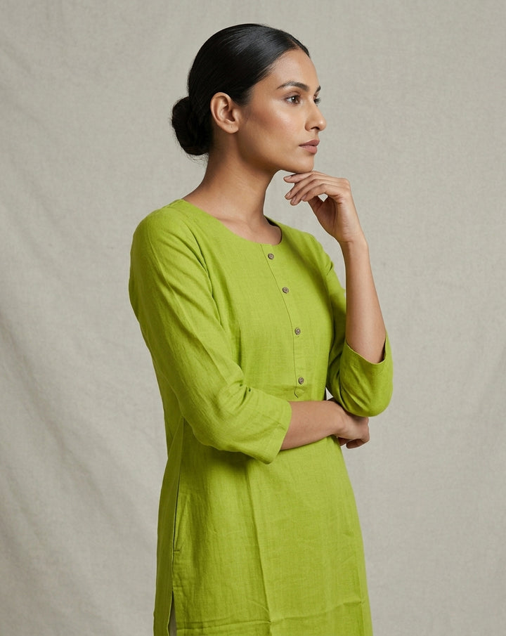 Lime Green Solid Slub Straight Kurti