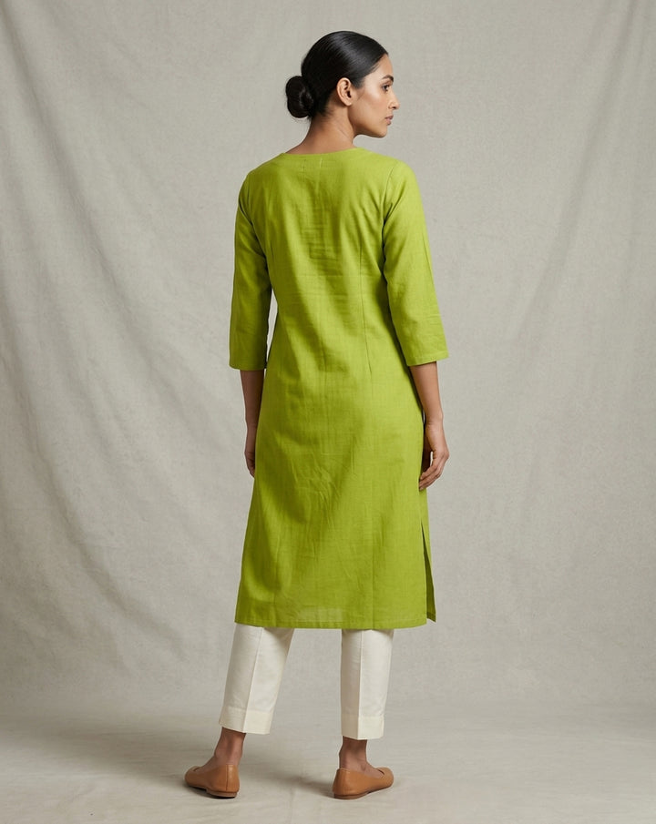 Lime Green Solid Slub Straight Kurti