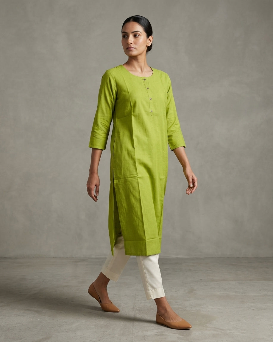 Lime Green Solid Slub Straight Kurti