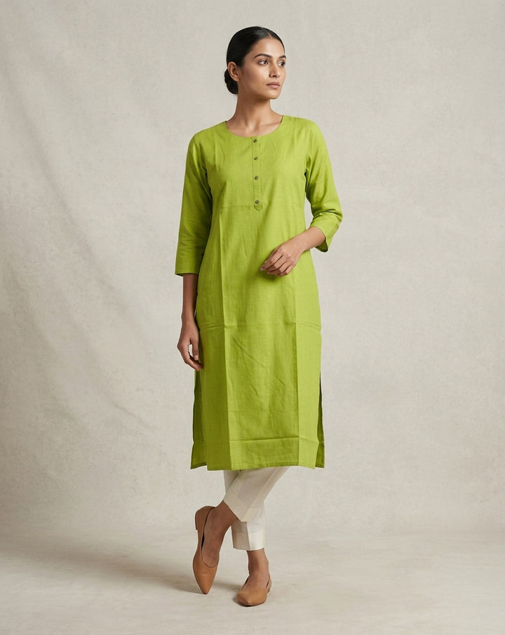 Lime Green Solid Slub Straight Kurti