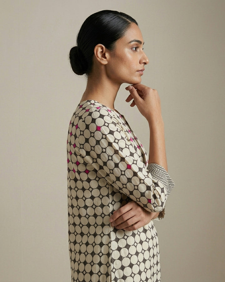 Monochrome Geometric Lattice Straight Kurti with Fuchsia Accents