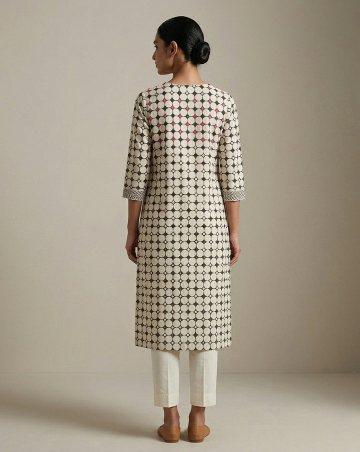 Monochrome Geometric Lattice Straight Kurti with Fuchsia Accents