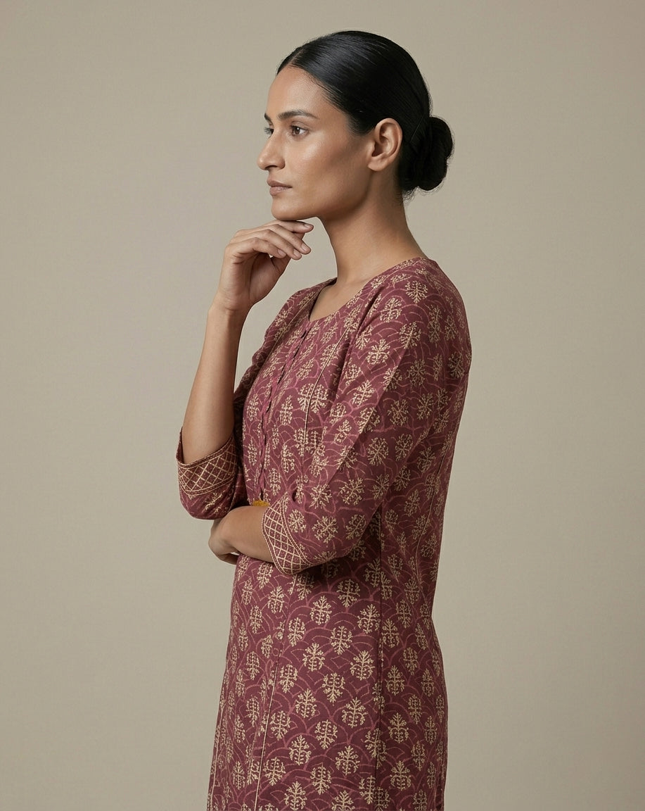 Maroon Ornamental Buta Print Muslin Kurti