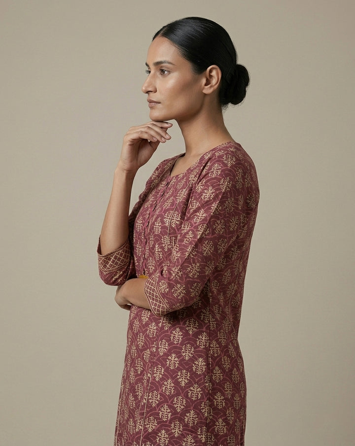 Maroon Ornamental Buta Print Muslin Kurti