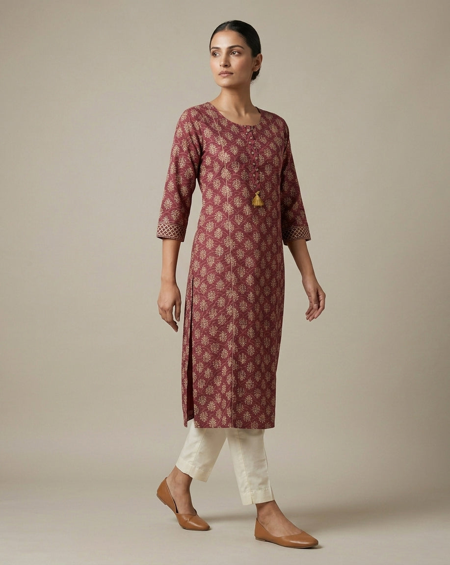 Maroon Ornamental Buta Print Muslin Kurti