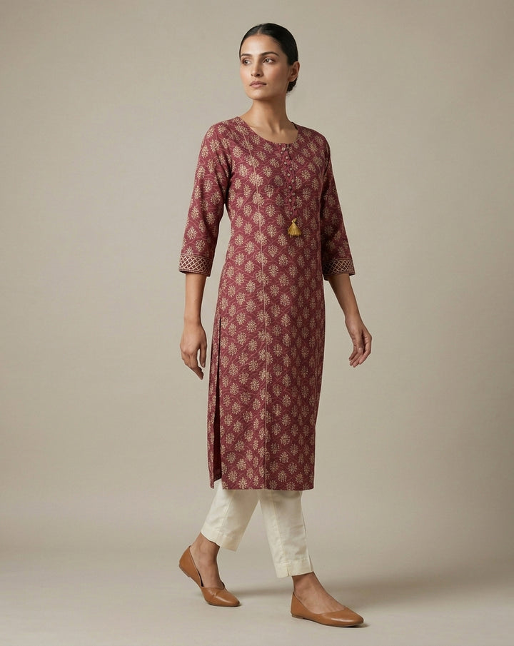 Maroon Ornamental Buta Print Muslin Kurti