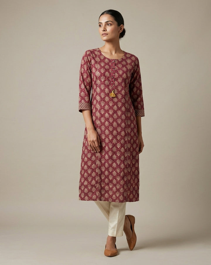 Maroon Ornamental Buta Print Muslin Kurti
