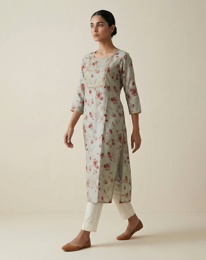 Sage Green Floral Muslin Kurta with Embroidered Yoke Panel