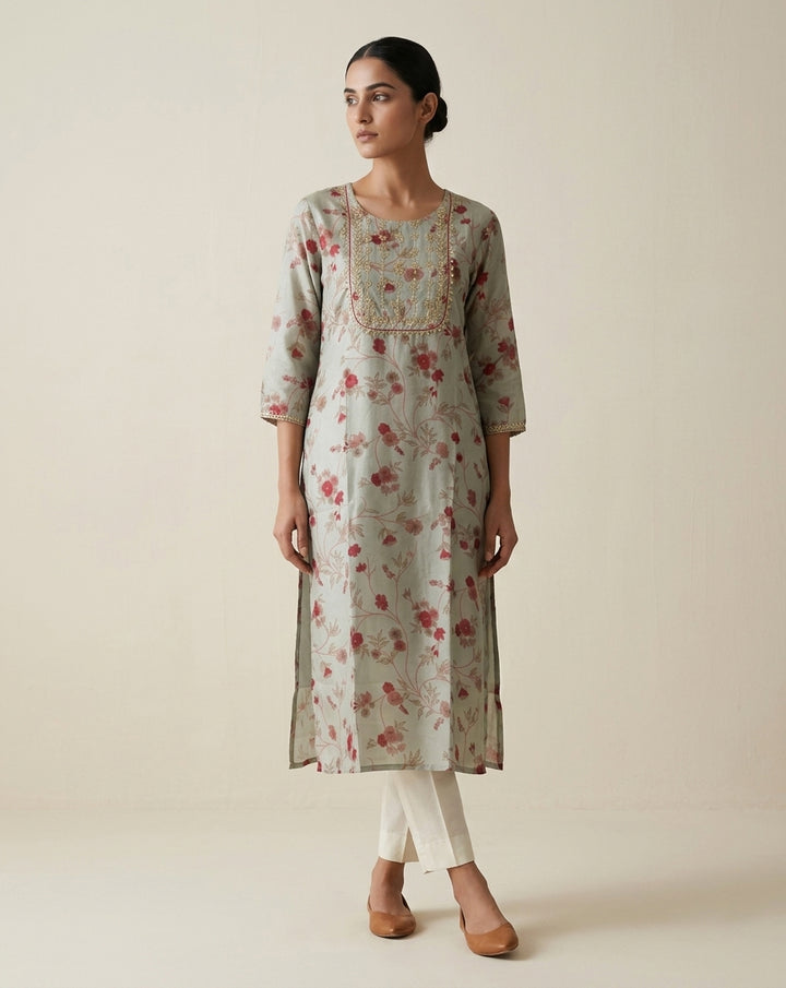 Sage Green Floral Muslin Kurta with Embroidered Yoke Panel