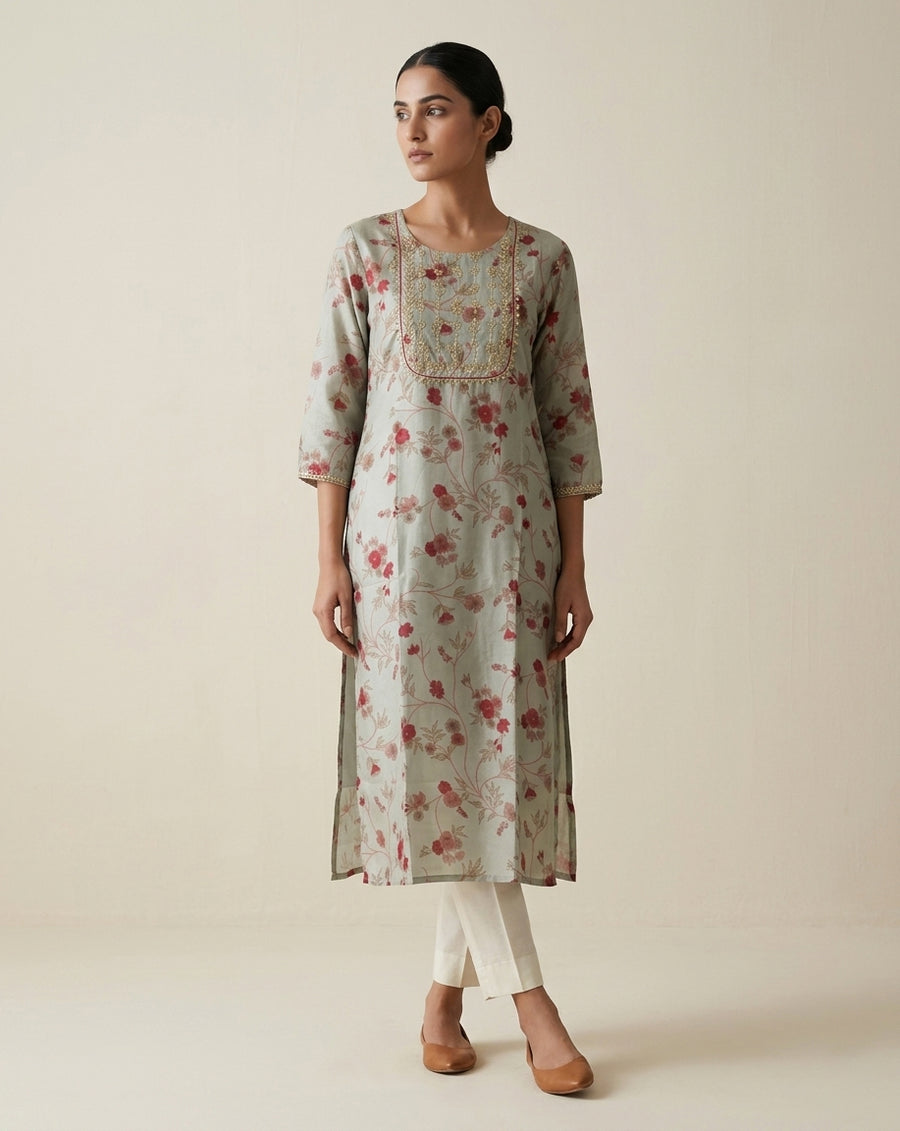 Sage Green Floral Muslin Kurta with Embroidered Yoke Panel