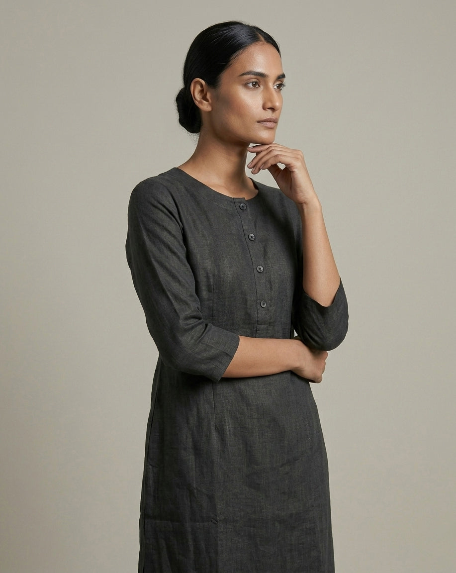 Black Solid Slub Muslin Kurta