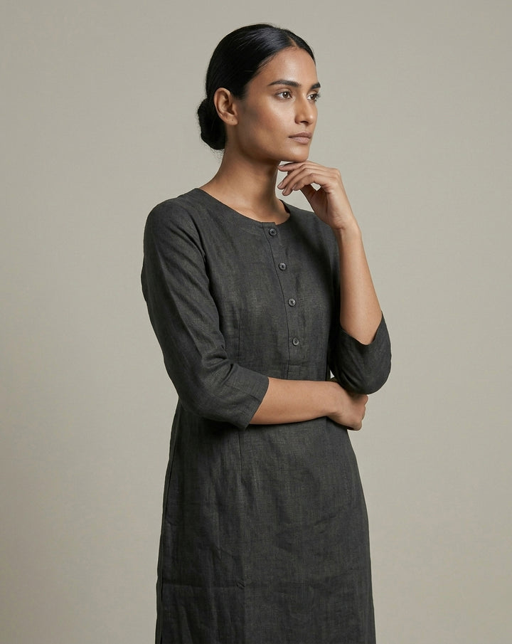 Black Solid Slub Muslin Kurta