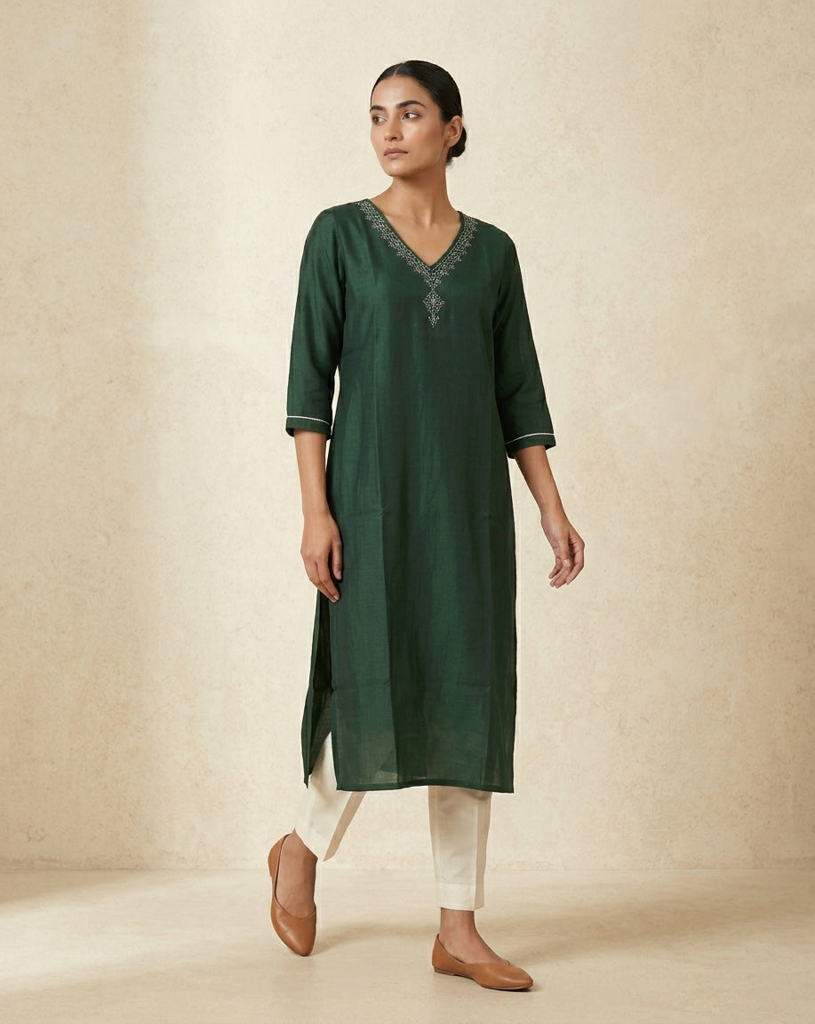 Emerald Green Slub Muslin Kurti