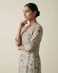 Sage Green Floral Muslin Kurta with Embroidered Yoke Panel 3