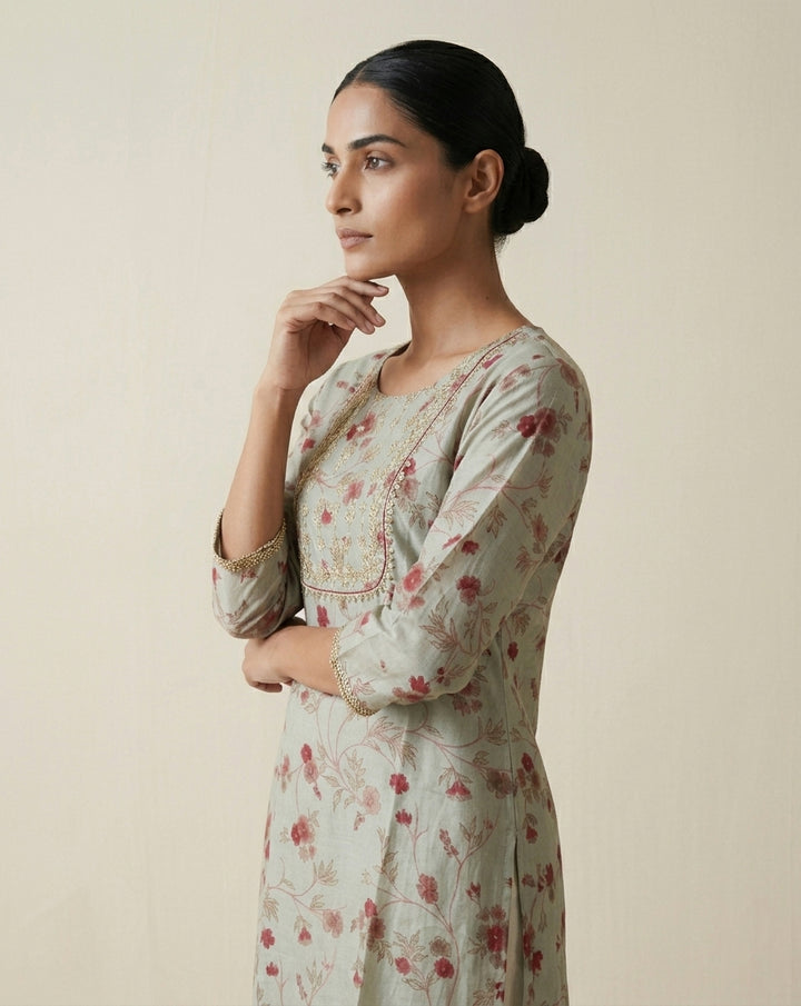 Sage Green Floral Muslin Kurta with Embroidered Yoke Panel
