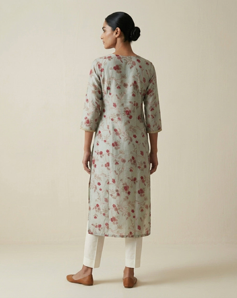 Sage Green Floral Muslin Kurta with Embroidered Yoke Panel