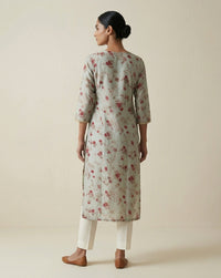 Sage Green Floral Muslin Kurta with Embroidered Yoke Panel 4