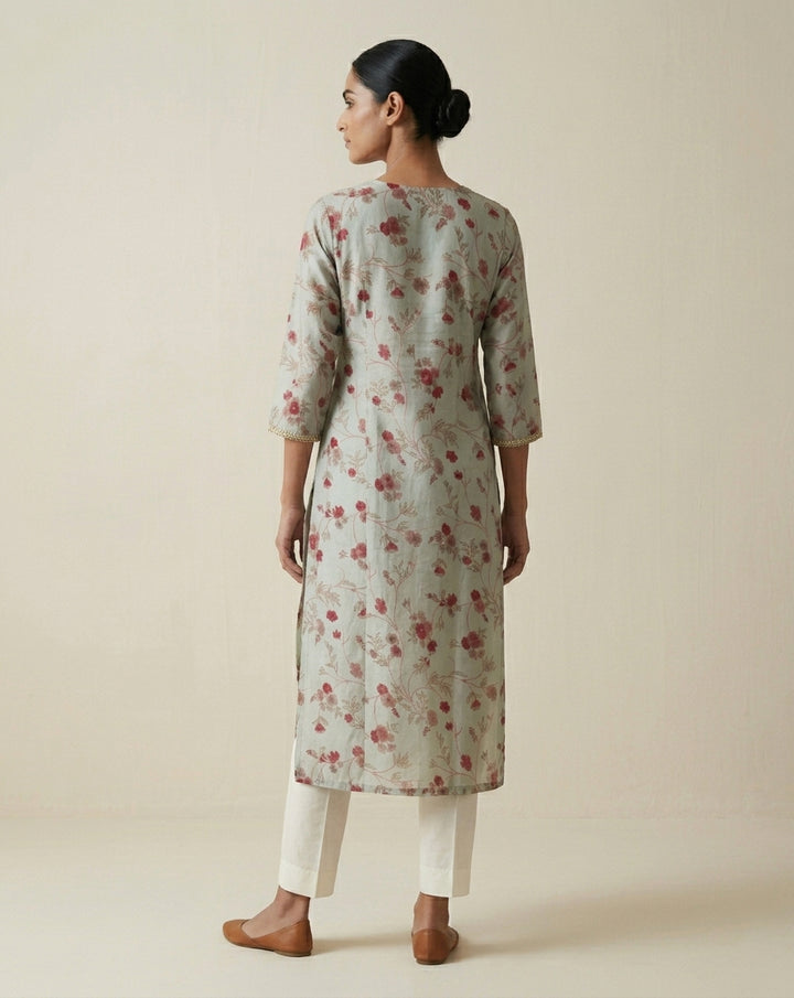 Sage Green Floral Muslin Kurta with Embroidered Yoke Panel