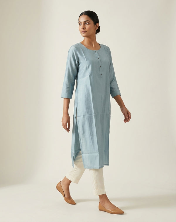 Blue Solid Slub Muslin Kurta