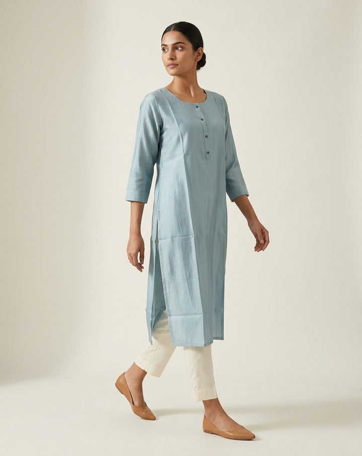 Blue Solid Slub Muslin Kurta