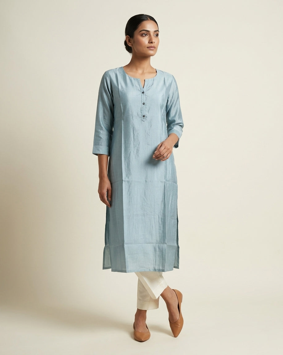 Blue Solid Slub Muslin Kurta