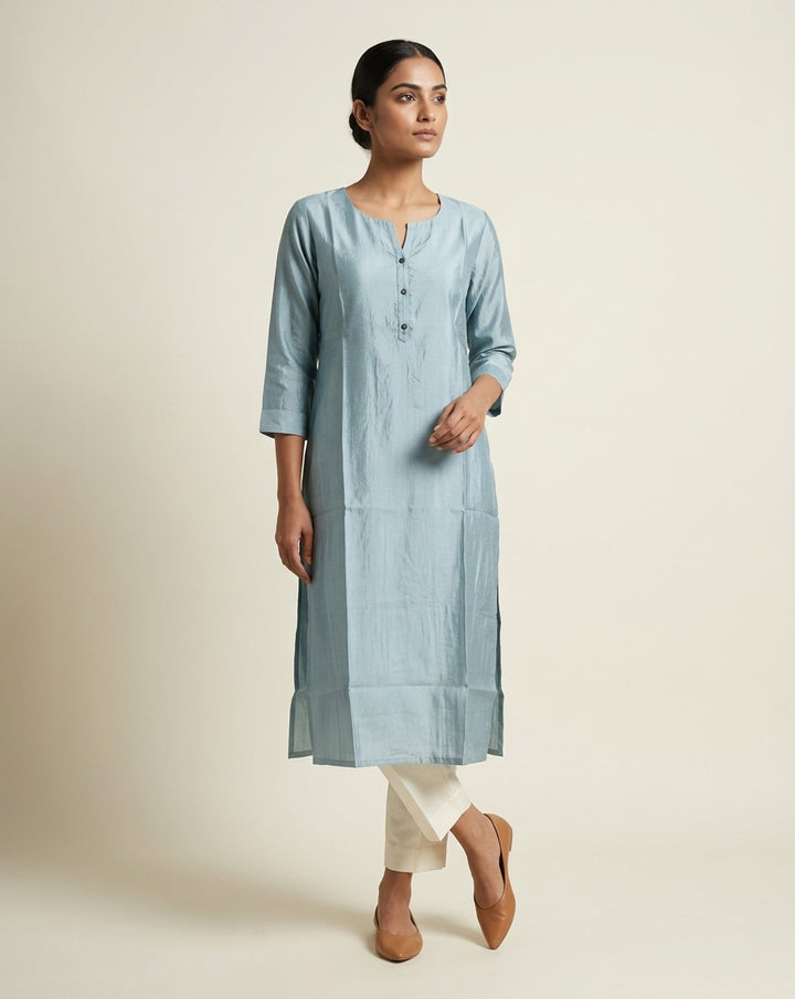 Blue Solid Slub Muslin Kurta