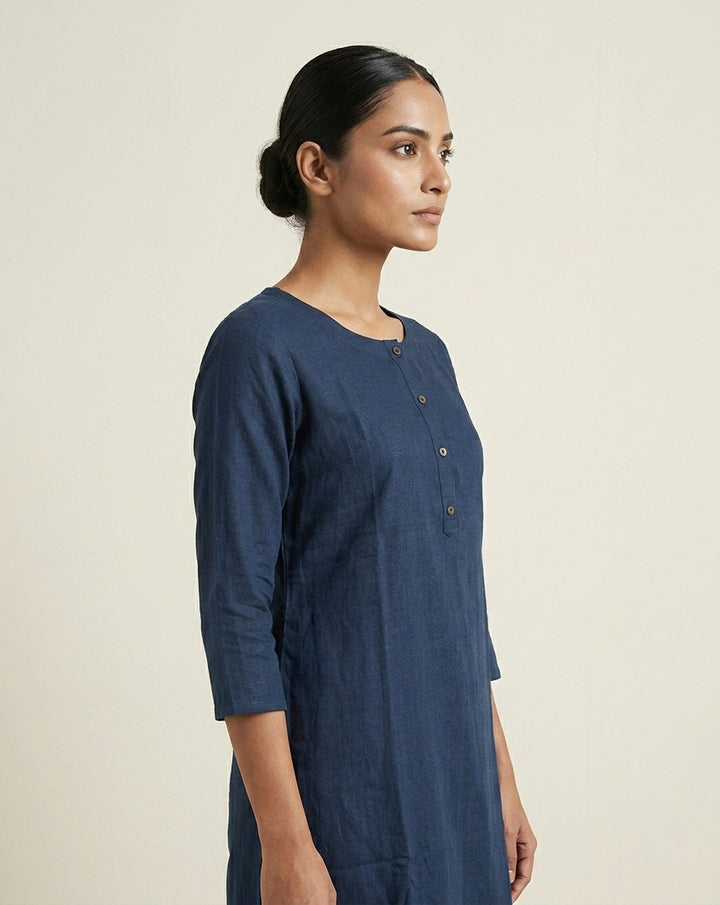 Deep Prussian Blue Solid Slub Muslin Kurti