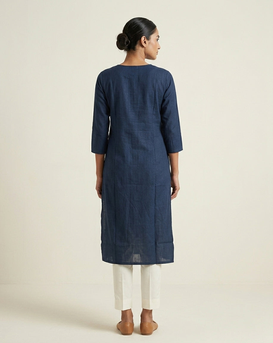 Deep Prussian Blue Solid Slub Muslin Kurti