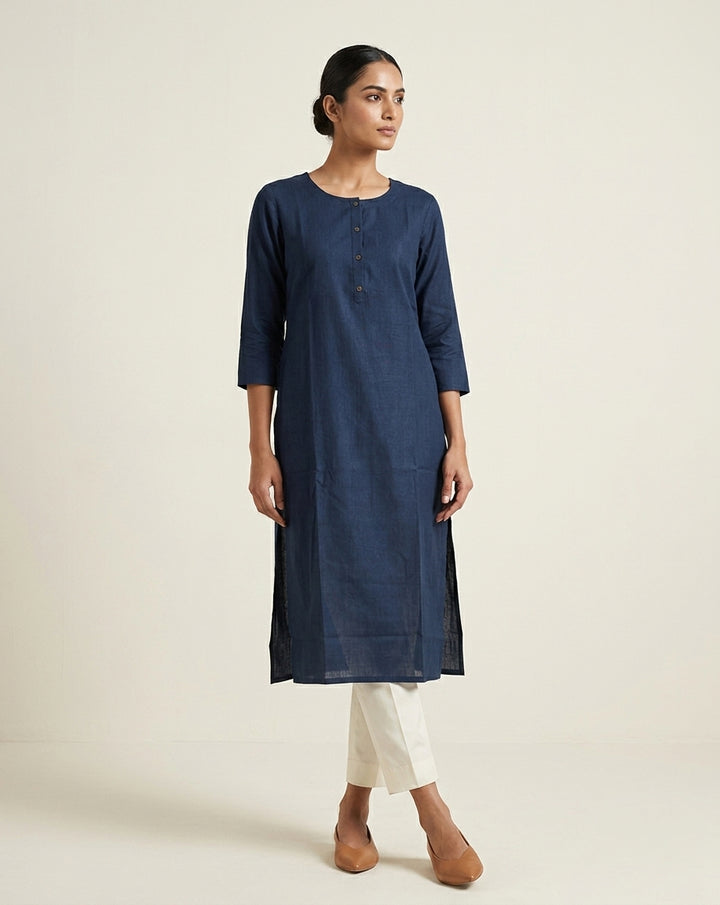 Deep Prussian Blue Solid Slub Muslin Kurti
