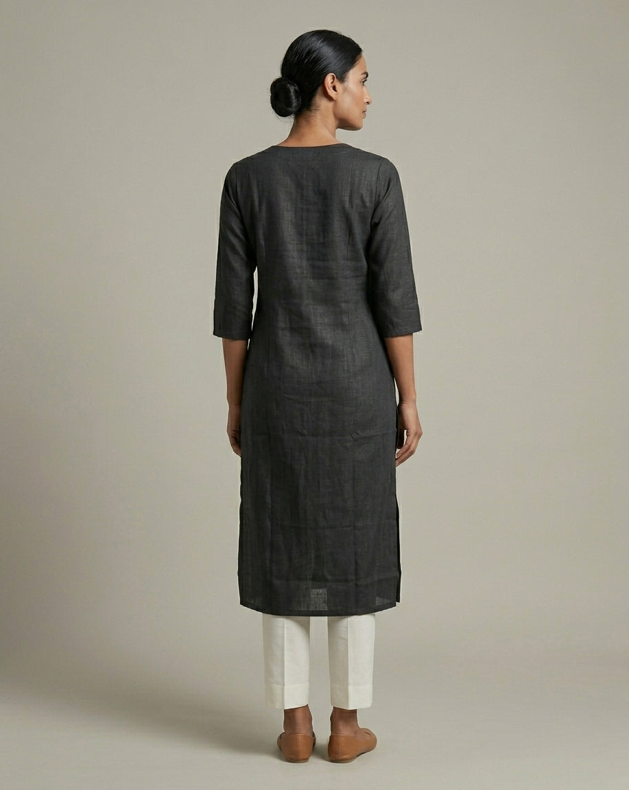 Black Solid Slub Muslin Kurta