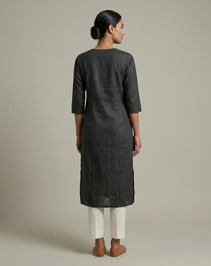 Black Solid Slub Muslin Kurta