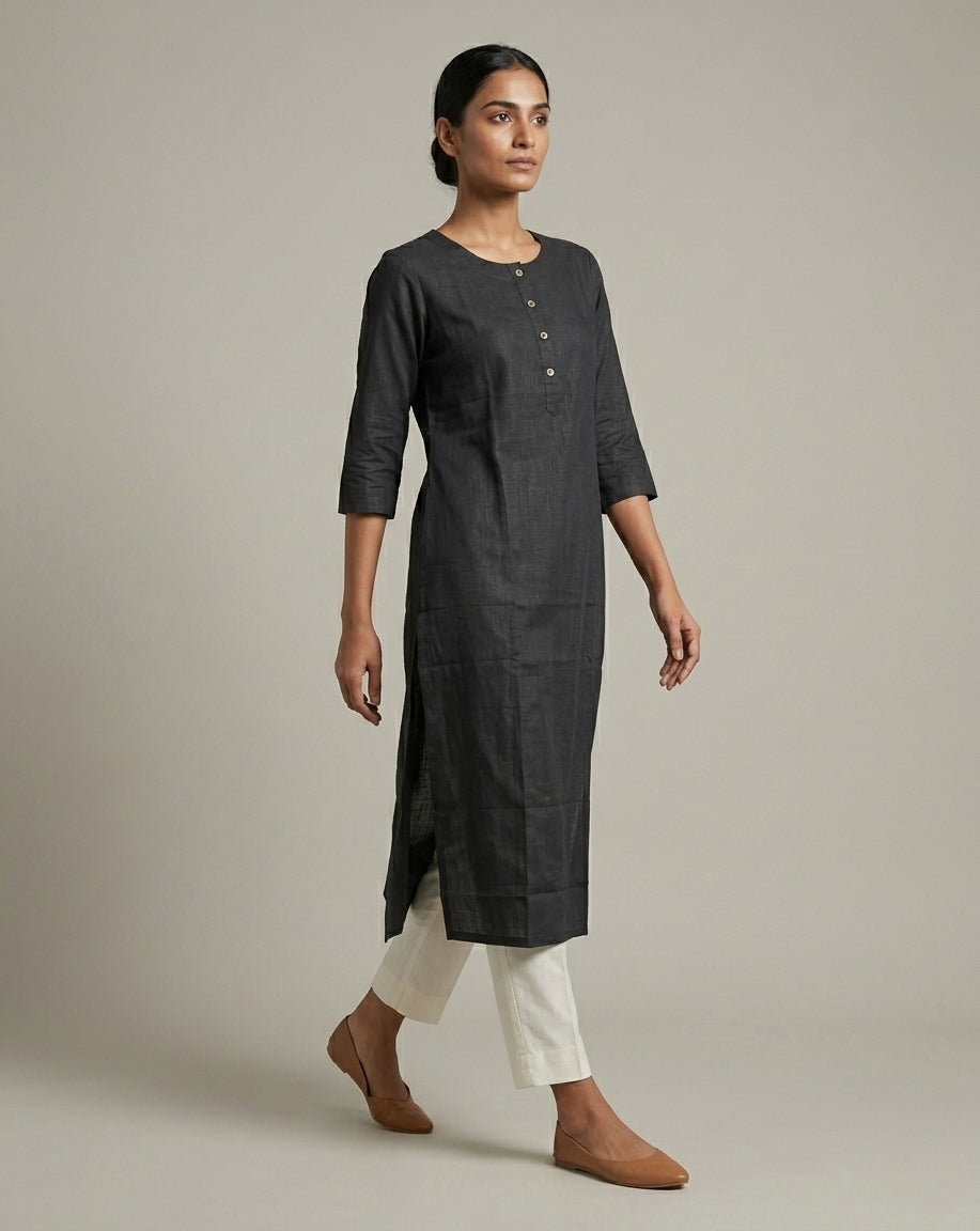 Black Solid Slub Muslin Kurta