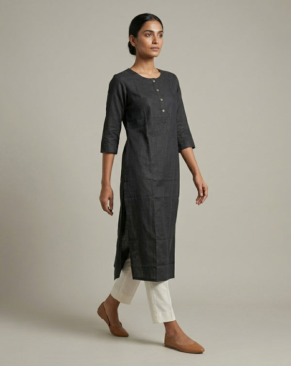 Black Solid Slub Muslin Kurta