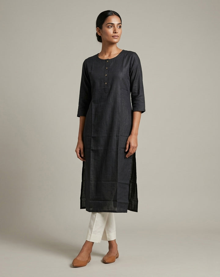 Black Solid Slub Muslin Kurta