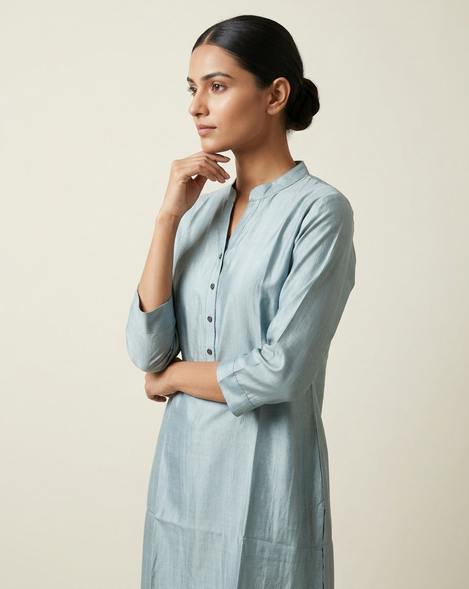 Blue Solid Slub Muslin Kurta