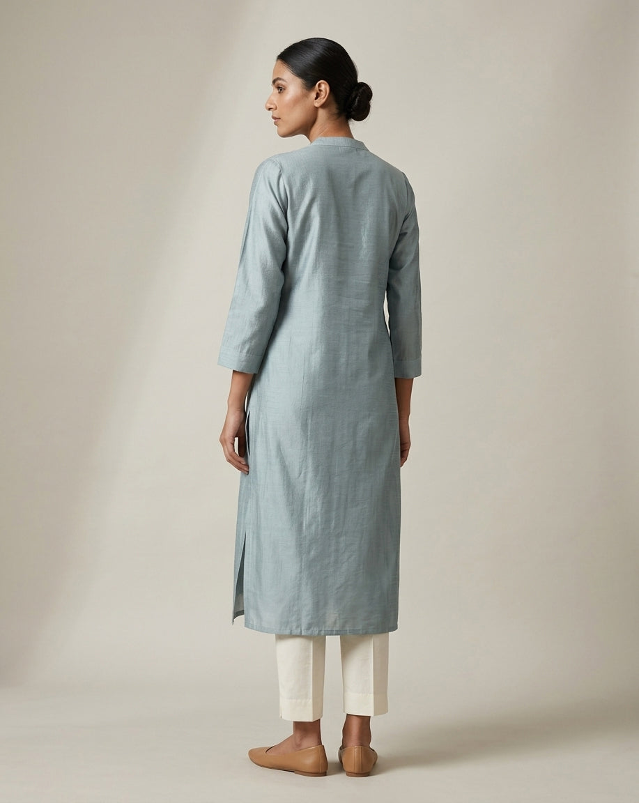 Blue Solid Slub Muslin Kurta