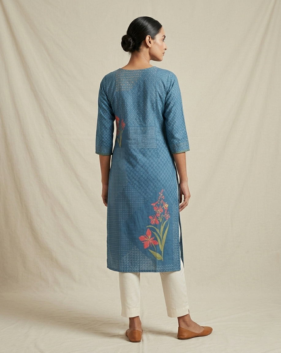 Indigo Blue Patchwork Dobby Print Muslin Kurta with Floral Accents