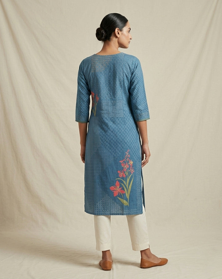 Indigo Blue Patchwork Dobby Print Muslin Kurta with Floral Accents
