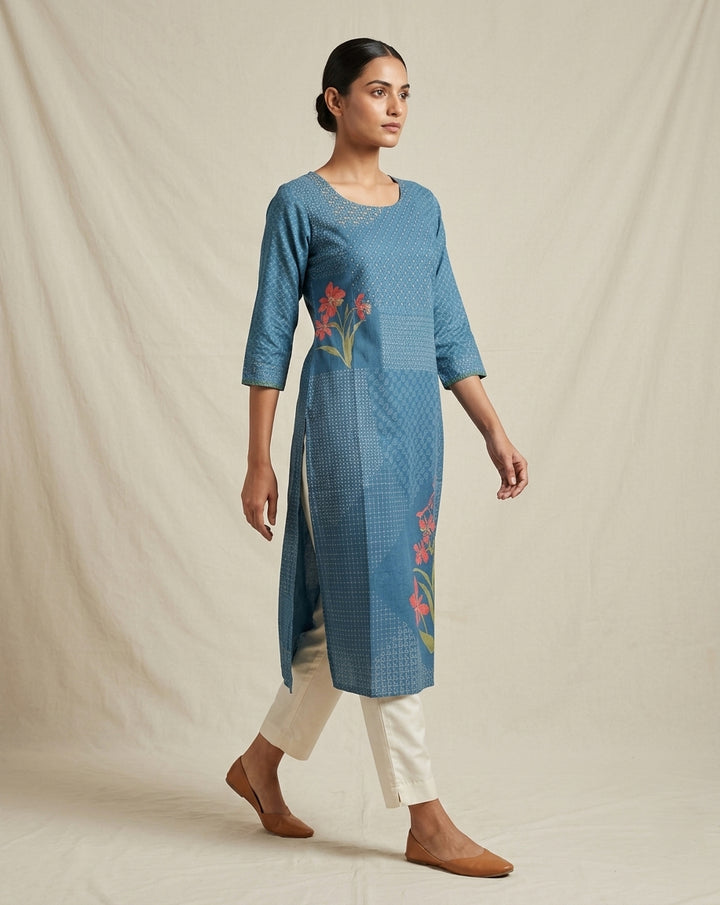 Indigo Blue Patchwork Dobby Print Muslin Kurta with Floral Accents