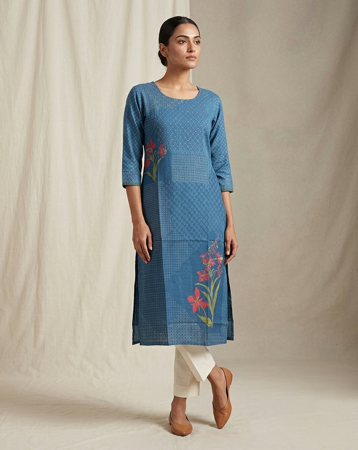 Indigo Blue Patchwork Dobby Print Muslin Kurta with Floral Accents