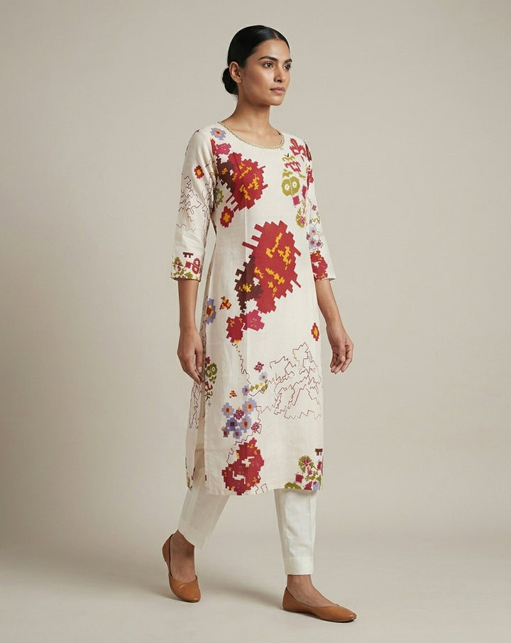 Off-White Contemporary Ikat-Inspired Pixel Print Muslin Kurta