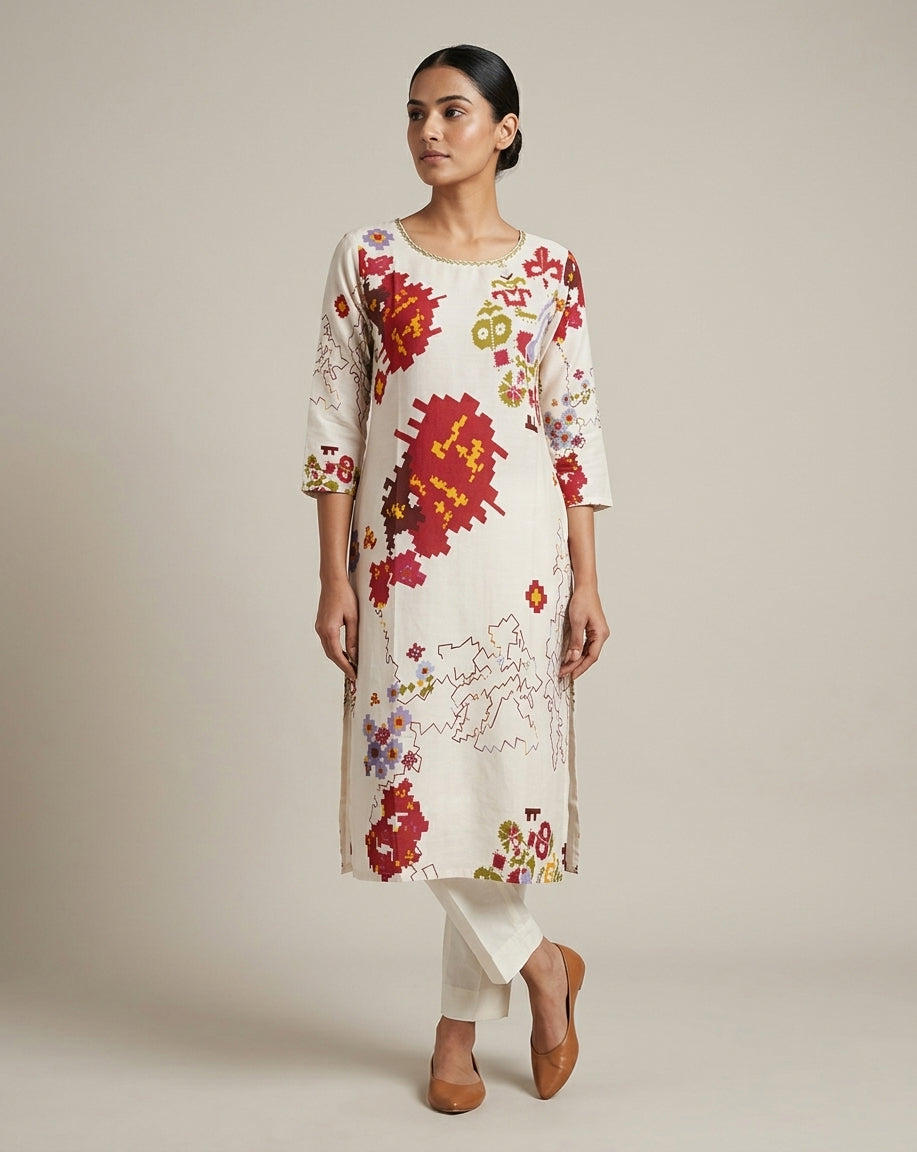 Off-White Contemporary Ikat-Inspired Pixel Print Muslin Kurta