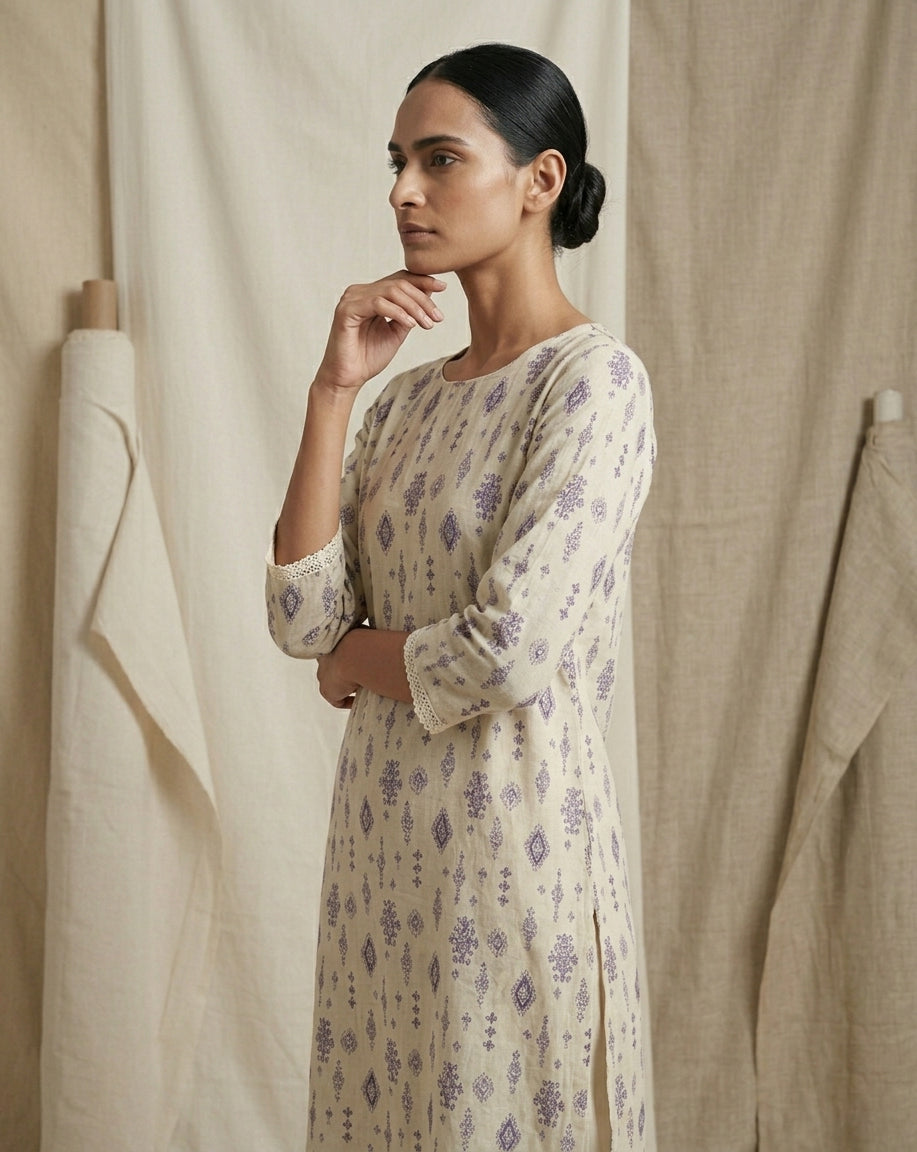 Ivory Geometric Print Muslin Kurta with Lace Accents