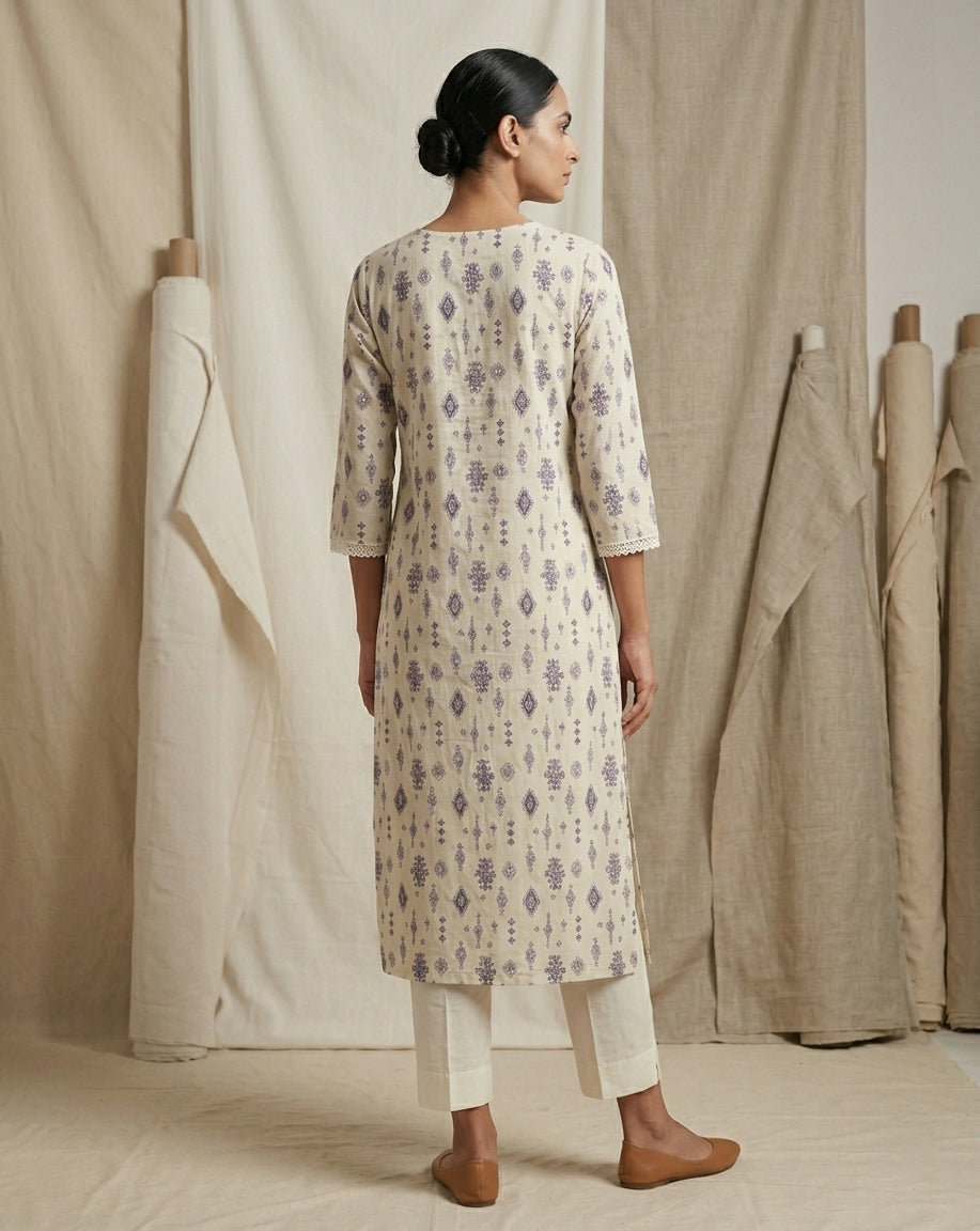 Ivory Geometric Print Muslin Kurta with Lace Accents