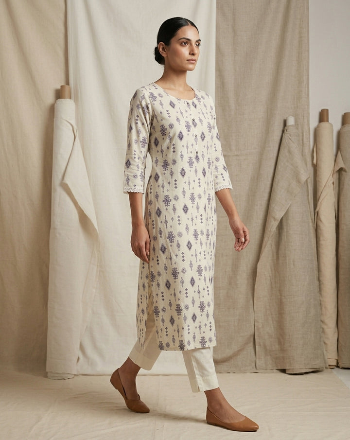 Ivory Geometric Print Muslin Kurta with Lace Accents