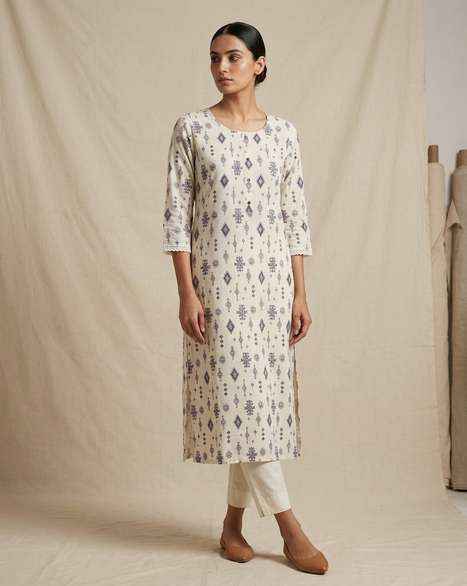 Ivory Geometric Print Muslin Kurta with Lace Accents