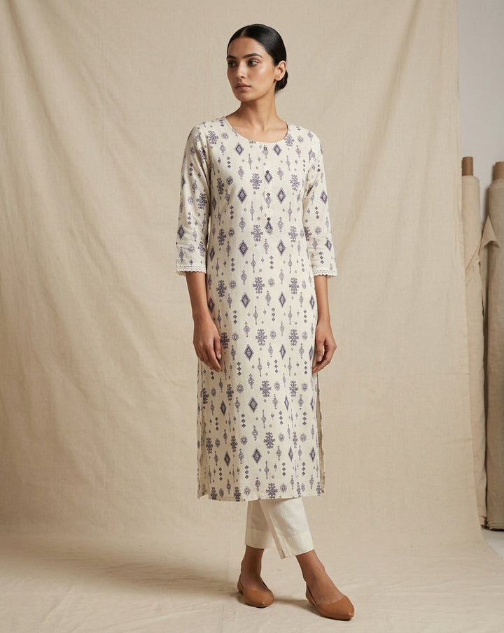 Ivory Geometric Print Muslin Kurta with Lace Accents