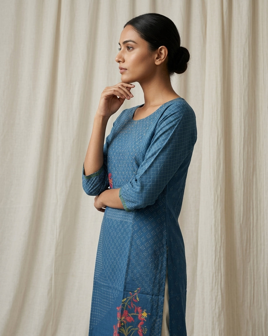 Indigo Blue Patchwork Dobby Print Muslin Kurta with Floral Accents