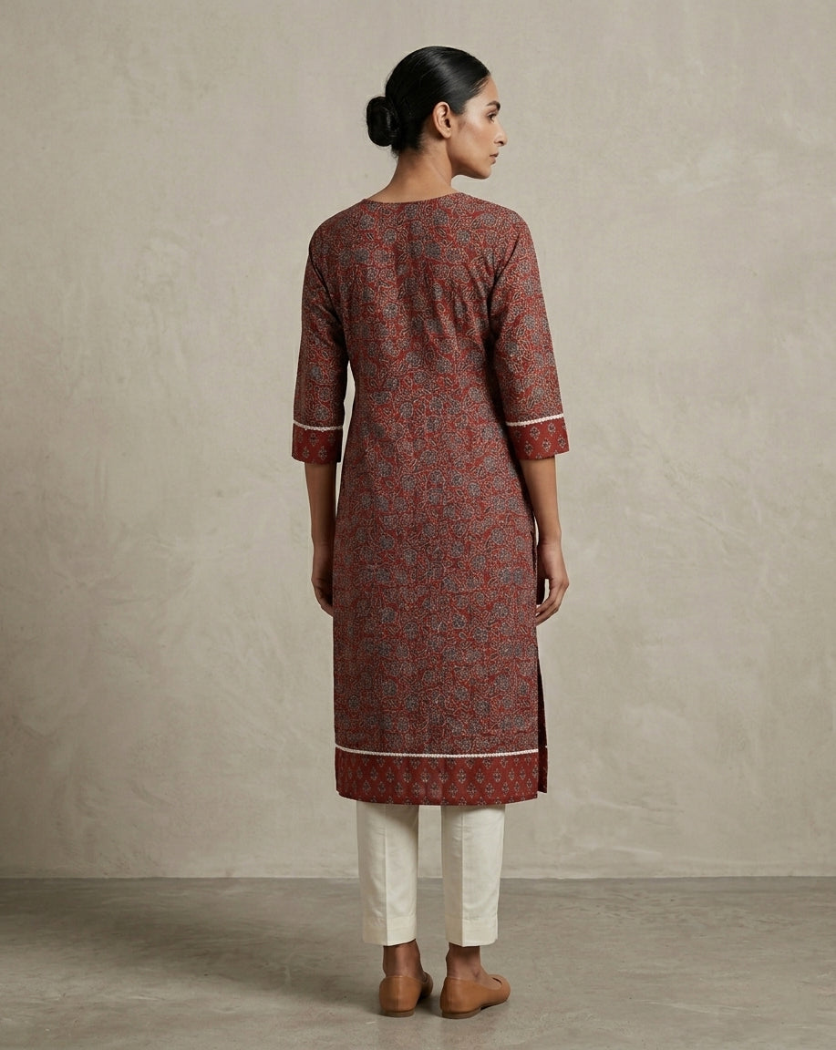 Terracotta Ajrakh Print Pleated Cotton Blend Kurta