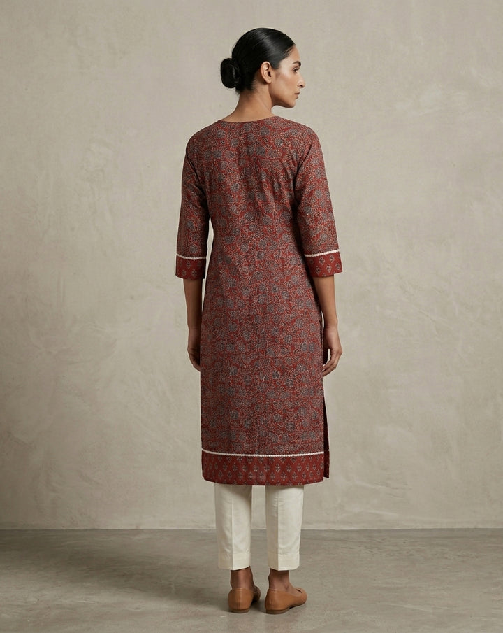 Terracotta Ajrakh Print Pleated Cotton Blend Kurta